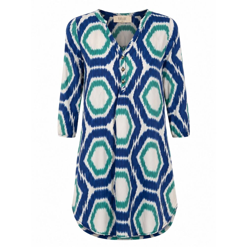 Peach Love California Geometric Tunic Dress Blue Green Ikat Print Size Medium